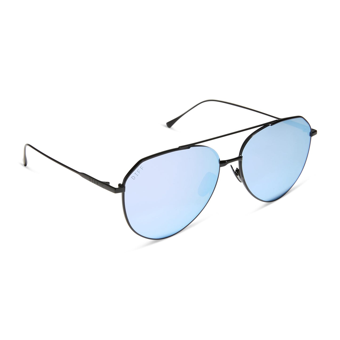 diff eyewear featuring the dash aviator sunglasses with a black frame and lavender mirror lenses angled view