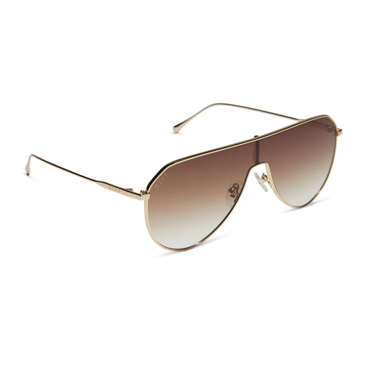 diff eyewear dash shield oversized sunglasses with a gold metal frame and brown gradient lenses angled view
