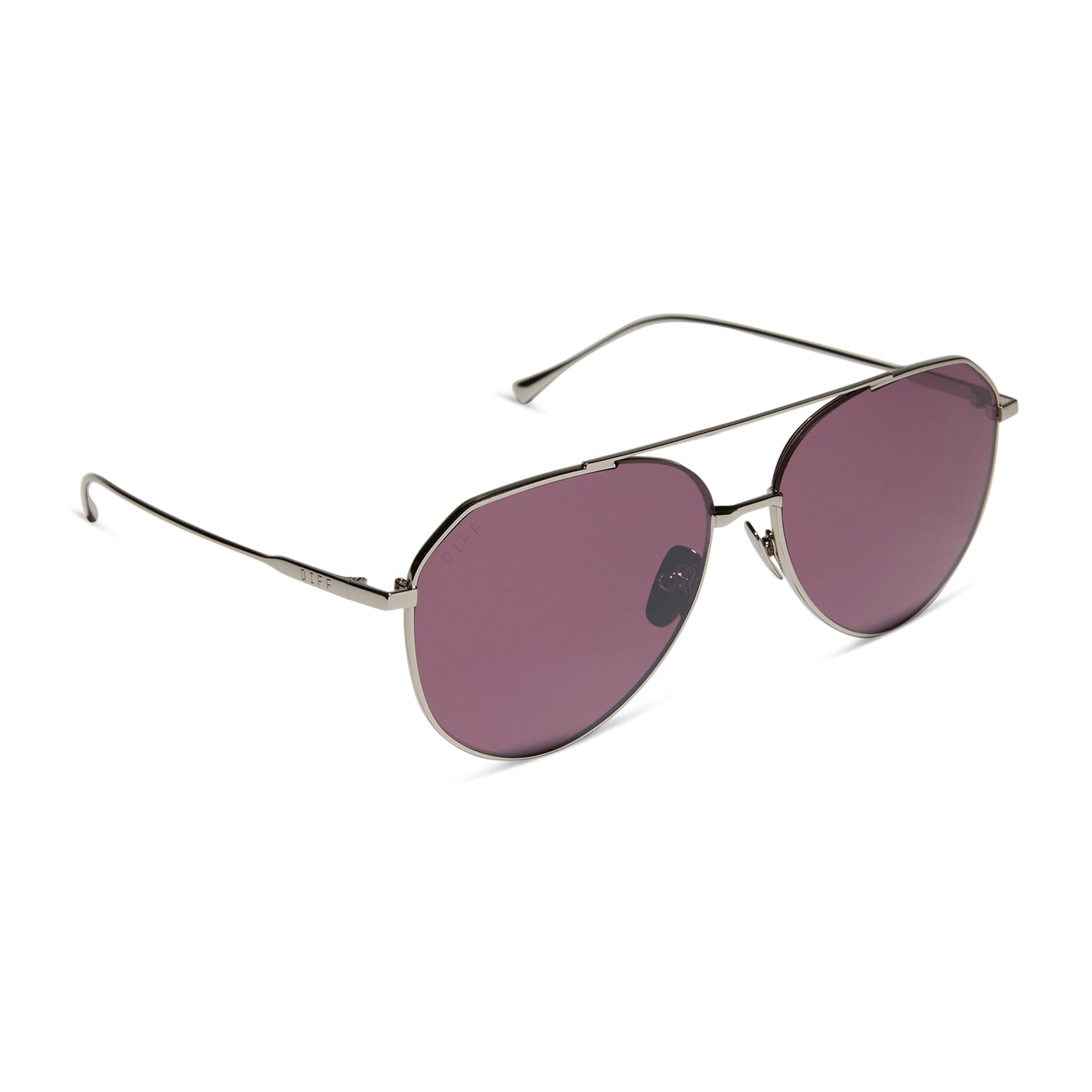 diff eyewear featuring the dash aviator sunglasses with a silver frame and aubergine with silver flash polarized lenses angled view