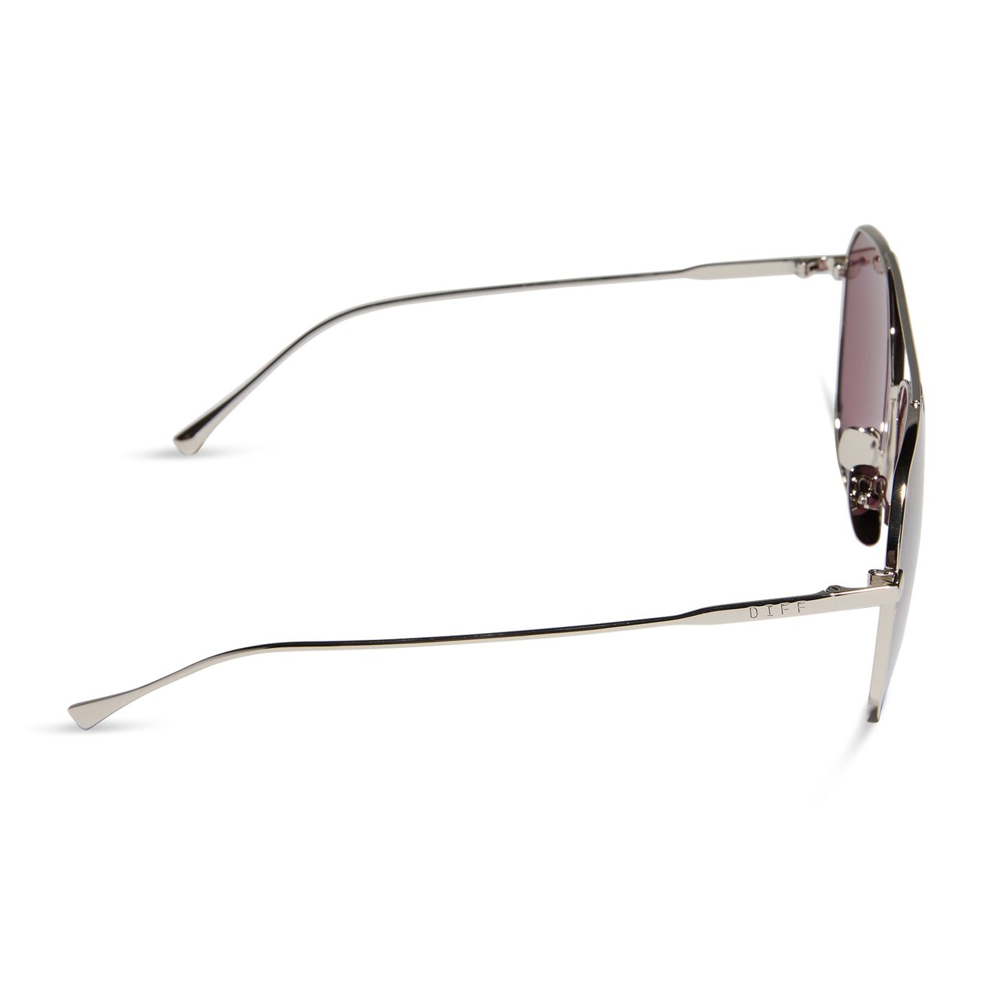 diff eyewear featuring the dash aviator sunglasses with a silver frame and aubergine with silver flash polarized lenses side view