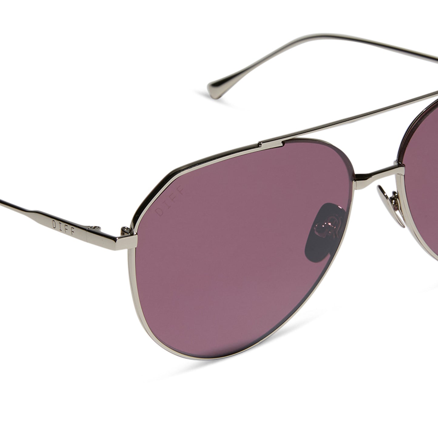 diff eyewear featuring the dash aviator sunglasses with a silver frame and aubergine with silver flash polarized lenses detailed view