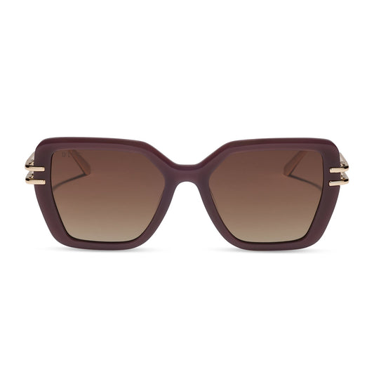 diff eyewear dasha oversized square sunglasses with a cocoa powder brown frame, gold double temples and brown gradient polarized lenses front view
