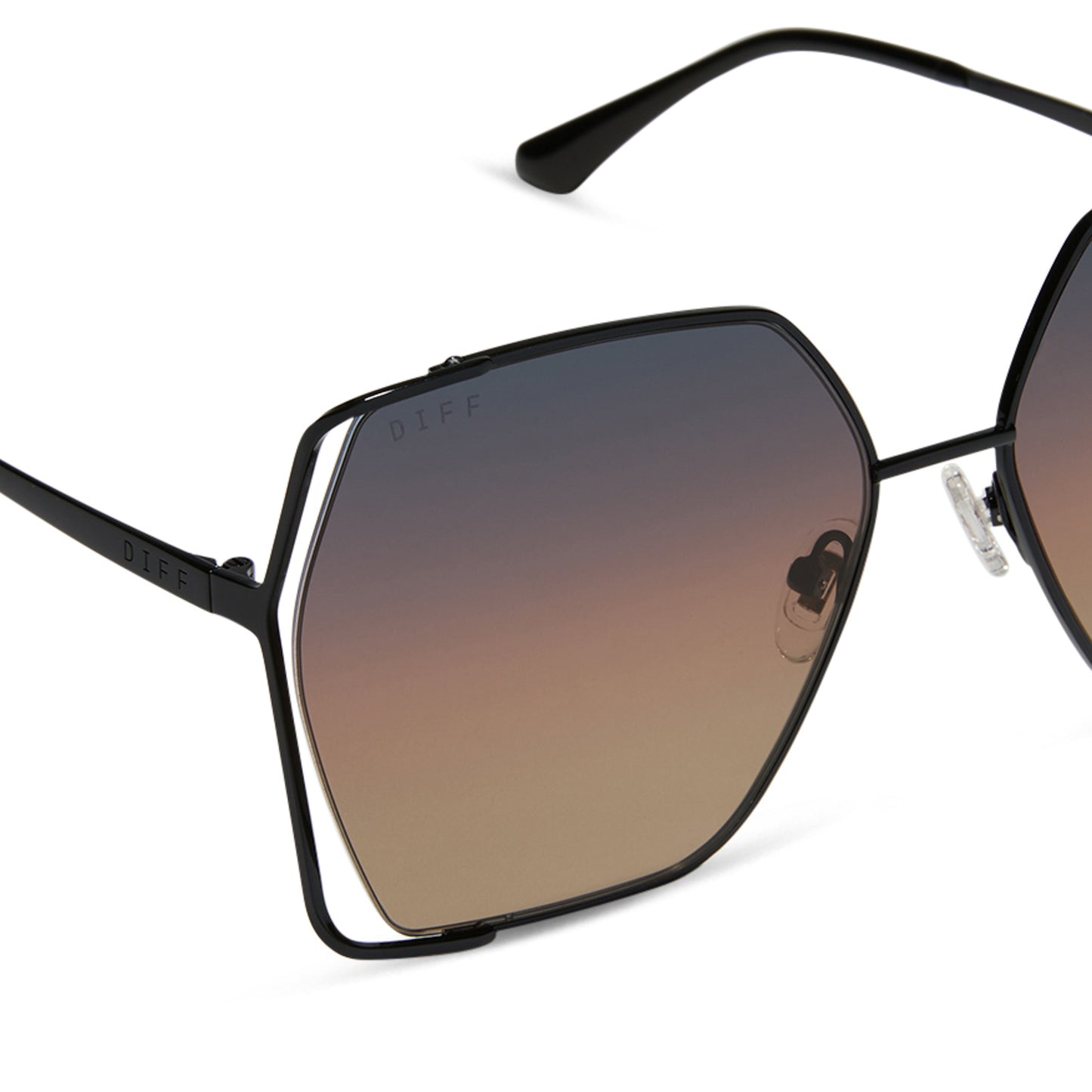diff eyewear featuring the donna iv square sunglasses with a black frame and twilight gradient polarized lenses detailed view