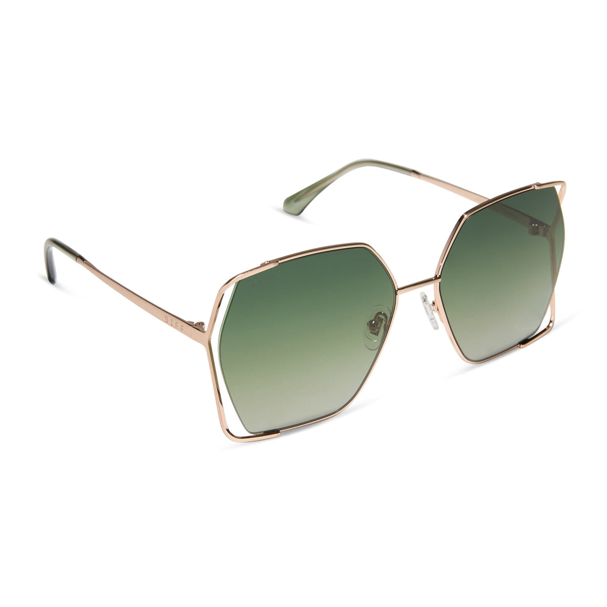 diff eyewear featuring the donna iv square sunglasses with a brushed champagne frame and cool matcha gradient polarized lenses angled view