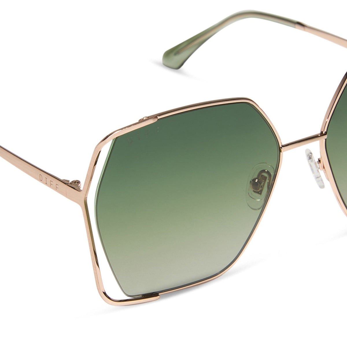 diff eyewear featuring the donna iv square sunglasses with a brushed champagne frame and cool matcha gradient polarized lenses detailed view