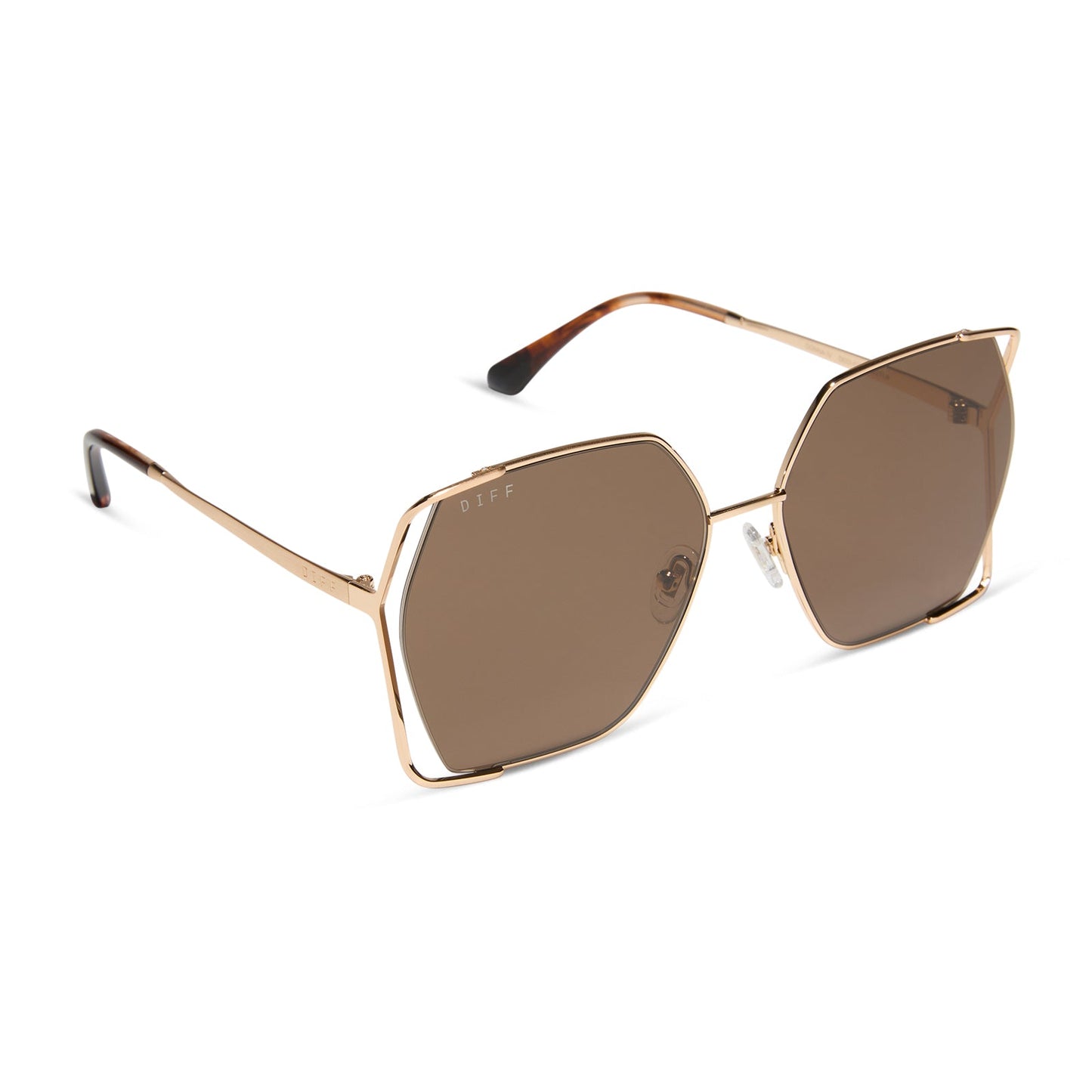 diff eyewear featuring the donna iv square sunglasses with a brushed gold frame and truffle lenses angled view