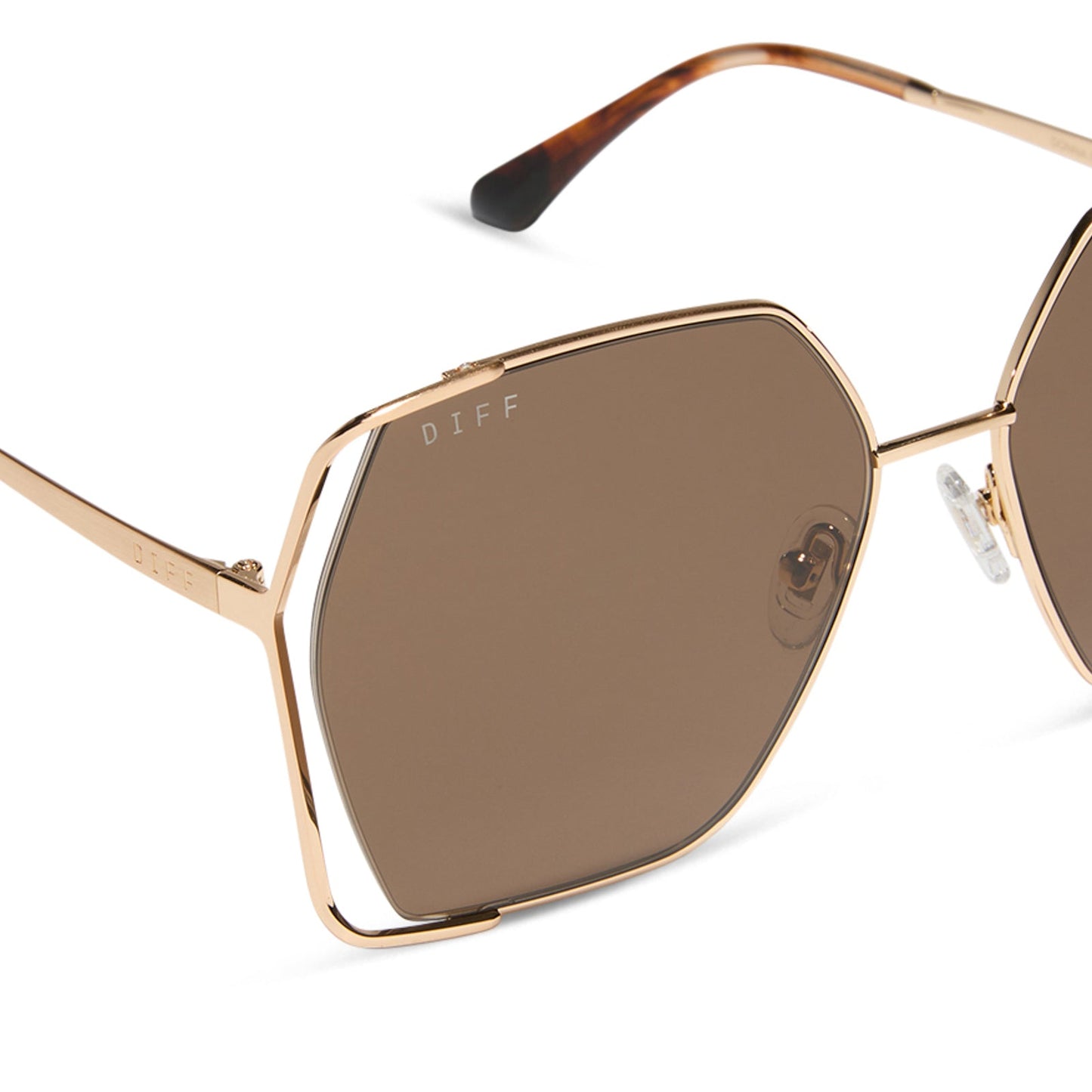 diff eyewear featuring the donna iv square sunglasses with a brushed gold frame and truffle lenses detailed view