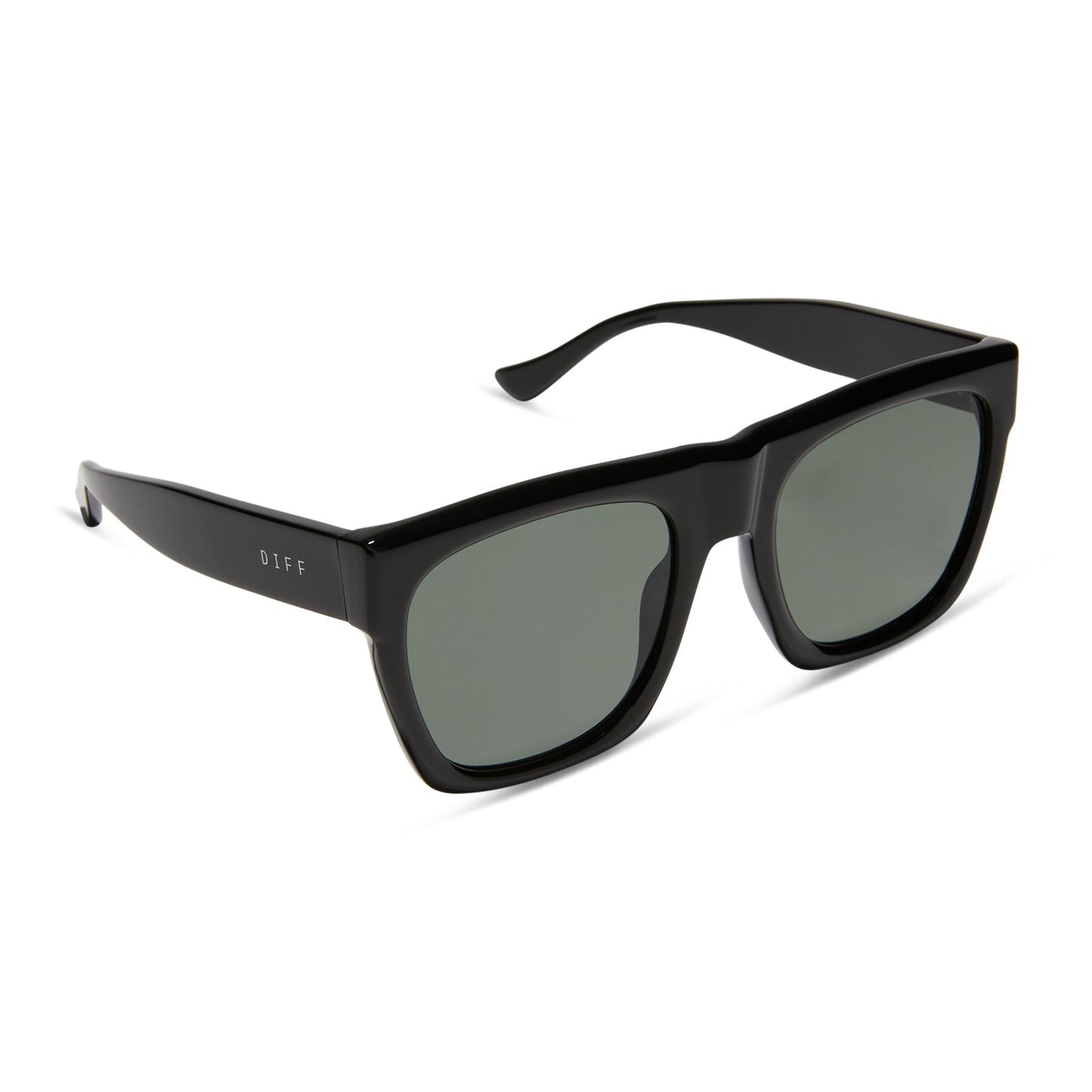 diff eyewear featuring the easton square sunglasses with a black frame and grey polarized lenses angled view