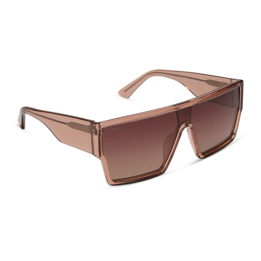 diff eyewear wholesale electra shield sunglasses with a cafe ole brown frame and brown gradient lenses angled view