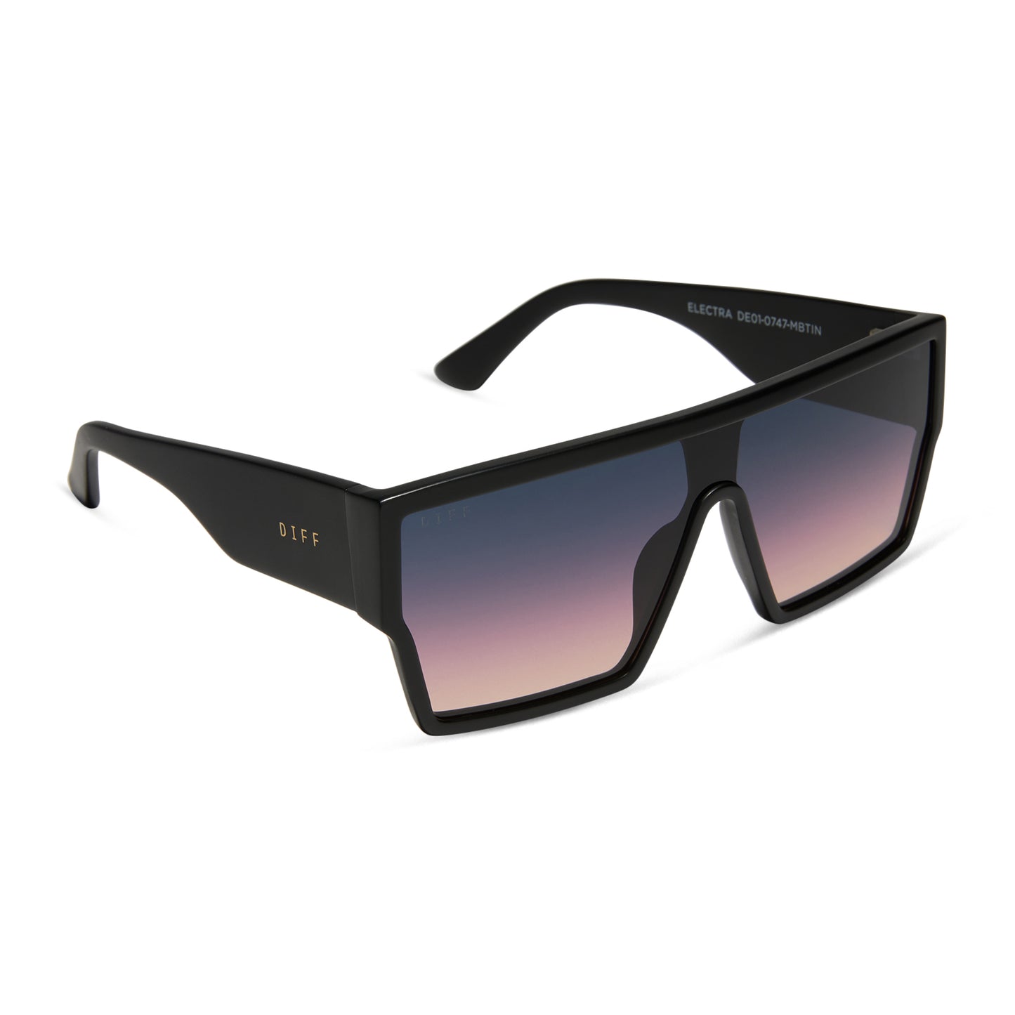 diff eyewear wholesale electra shield sunglasses with a matte black frame and twilight gradient lenses angled view