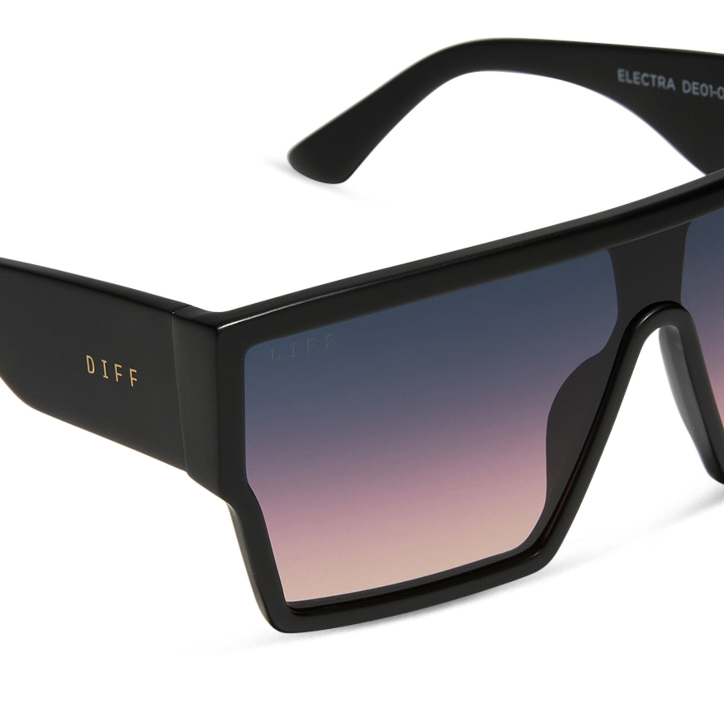 diff eyewear wholesale electra shield sunglasses with a matte black frame and twilight gradient lenses detailed view