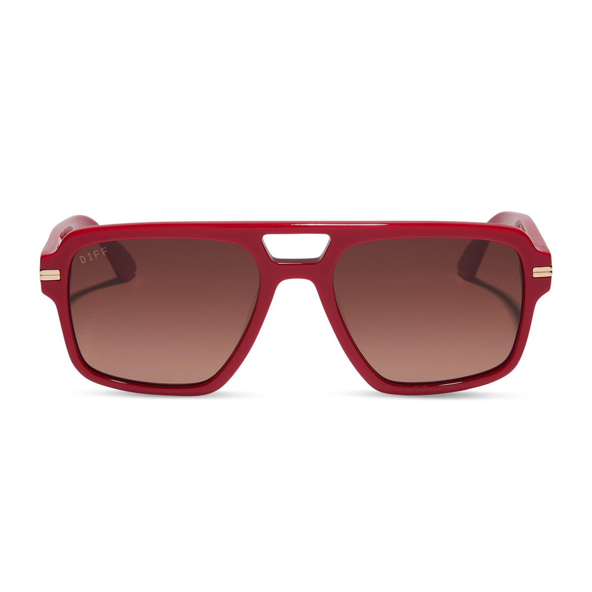 emily in paris x diff eyewear featuring the julien navigator sunglasses with a rouge vogue red frame and warm brown gradient lenses front view