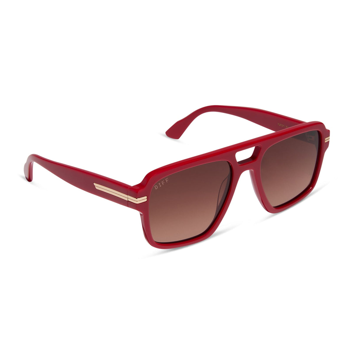 emily in paris x diff eyewear featuring the julien navigator sunglasses with a rouge vogue red frame and warm brown gradient lenses angled view