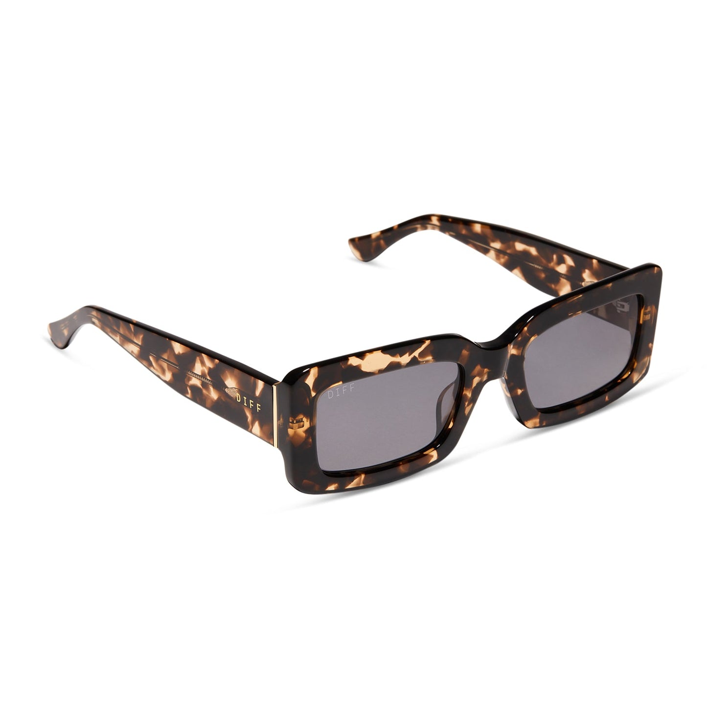 diff eyewear indy rectangular sunglasses with a espresso tortoise acetate frame and grey lenses angled view