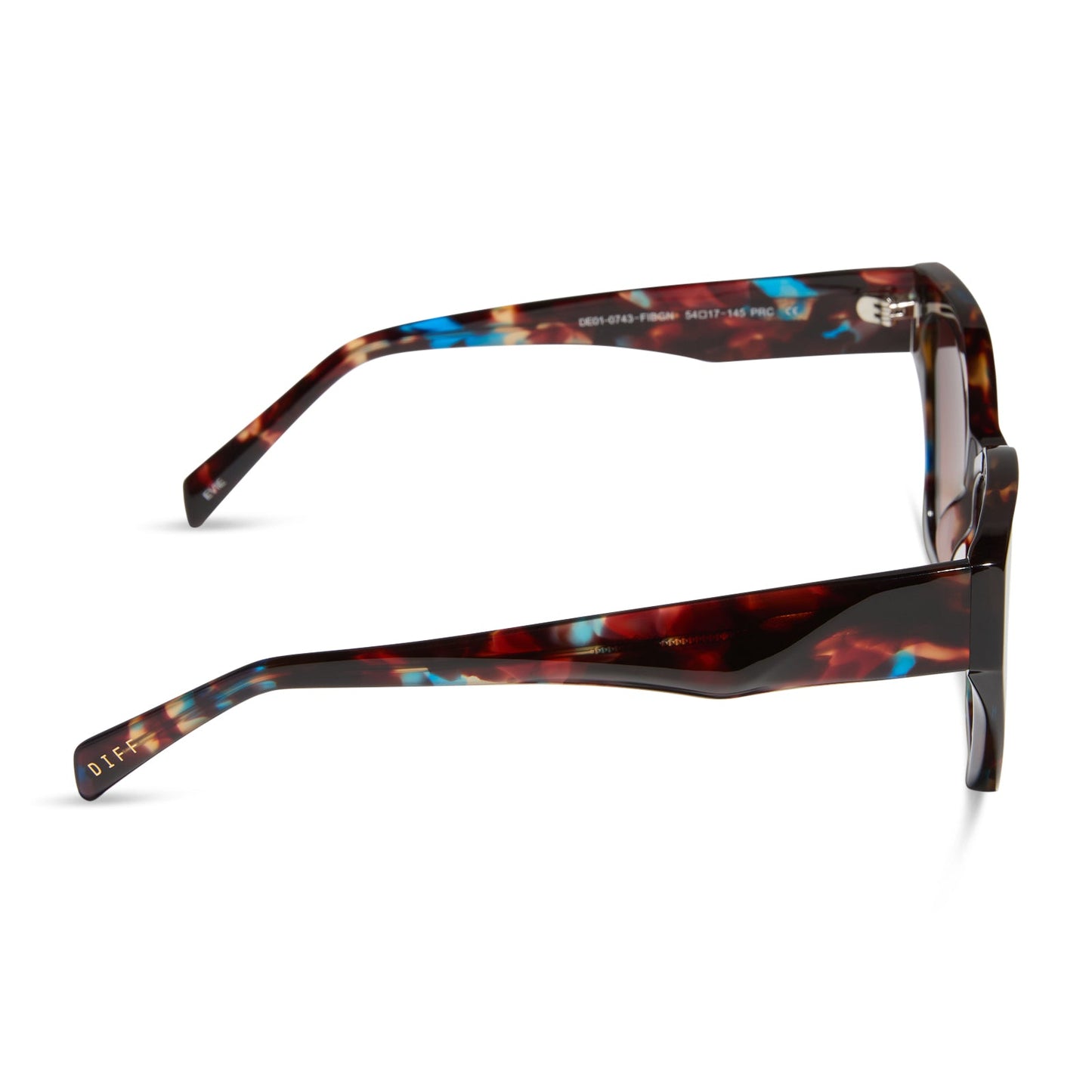 diff eyewear featuring the evie cat eye sunglasses with a confetti tortoise frame and brown gradient lenses side view