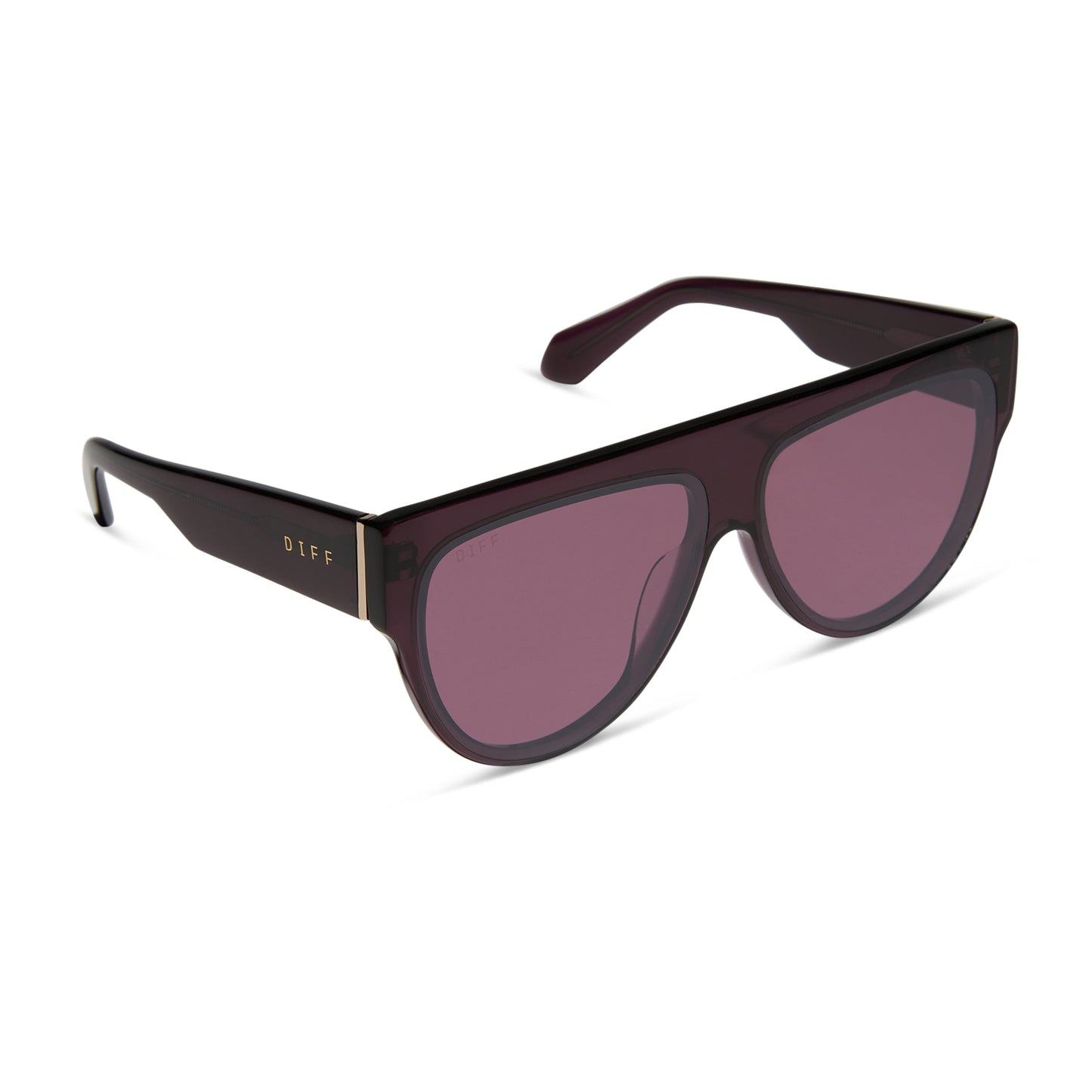 diff eyewear featuring the georgie square sunglasses with a aubergine purple red frame and aubergine with silver flash lenses angled view