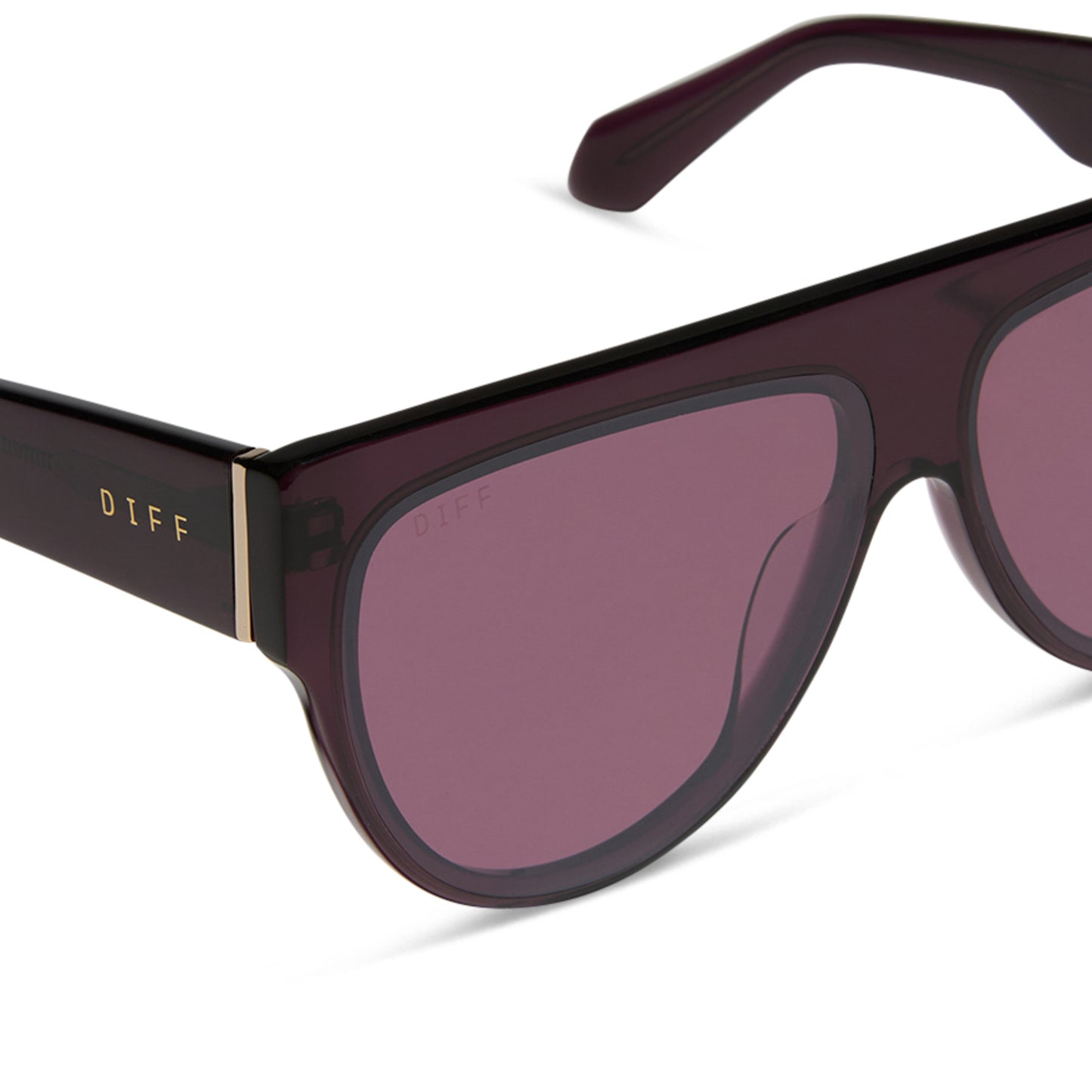 diff eyewear featuring the georgie square sunglasses with a aubergine purple red frame and aubergine with silver flash lenses detailed view