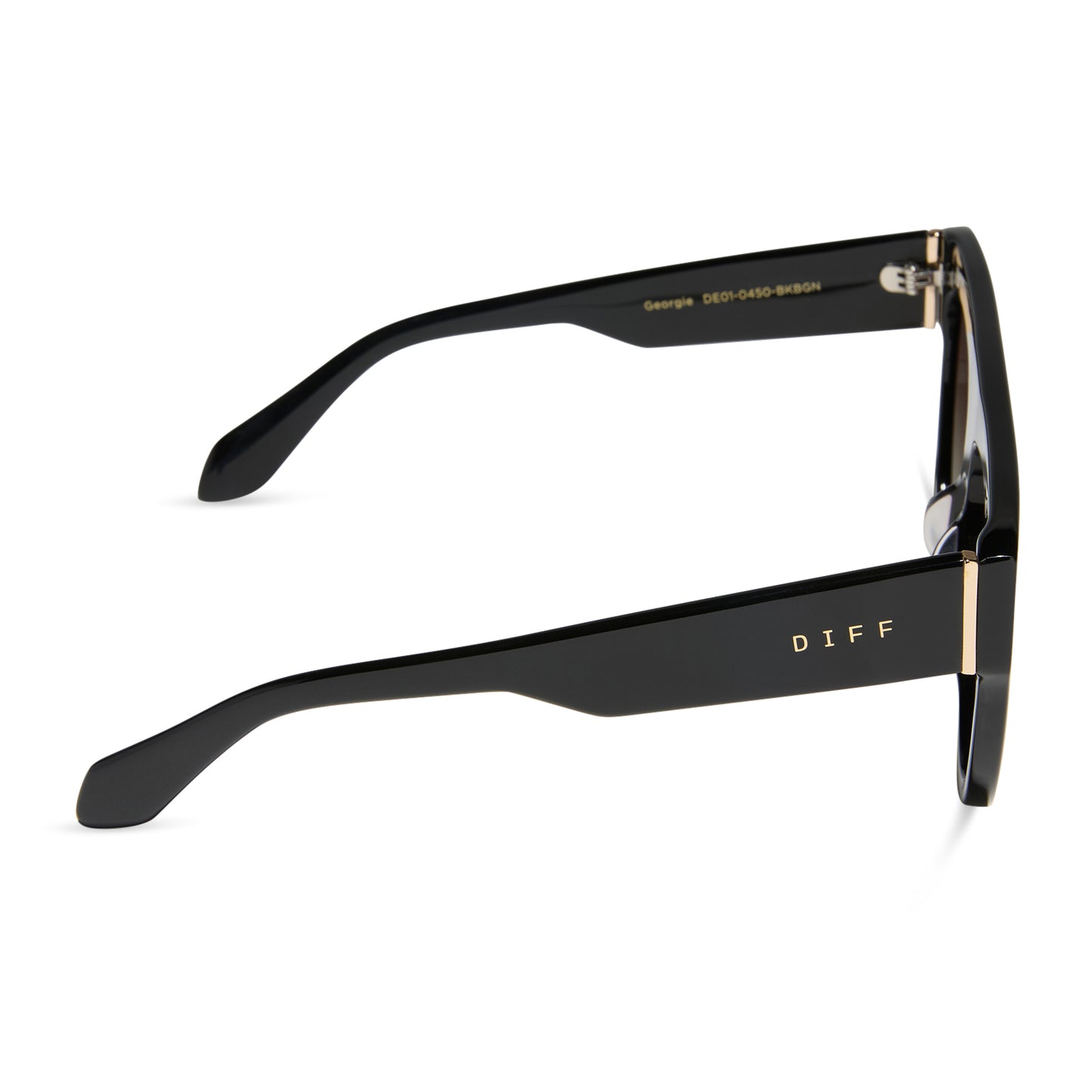 diff eyewear georgie square sunglasses with a black frame and brown gradient lenses side view