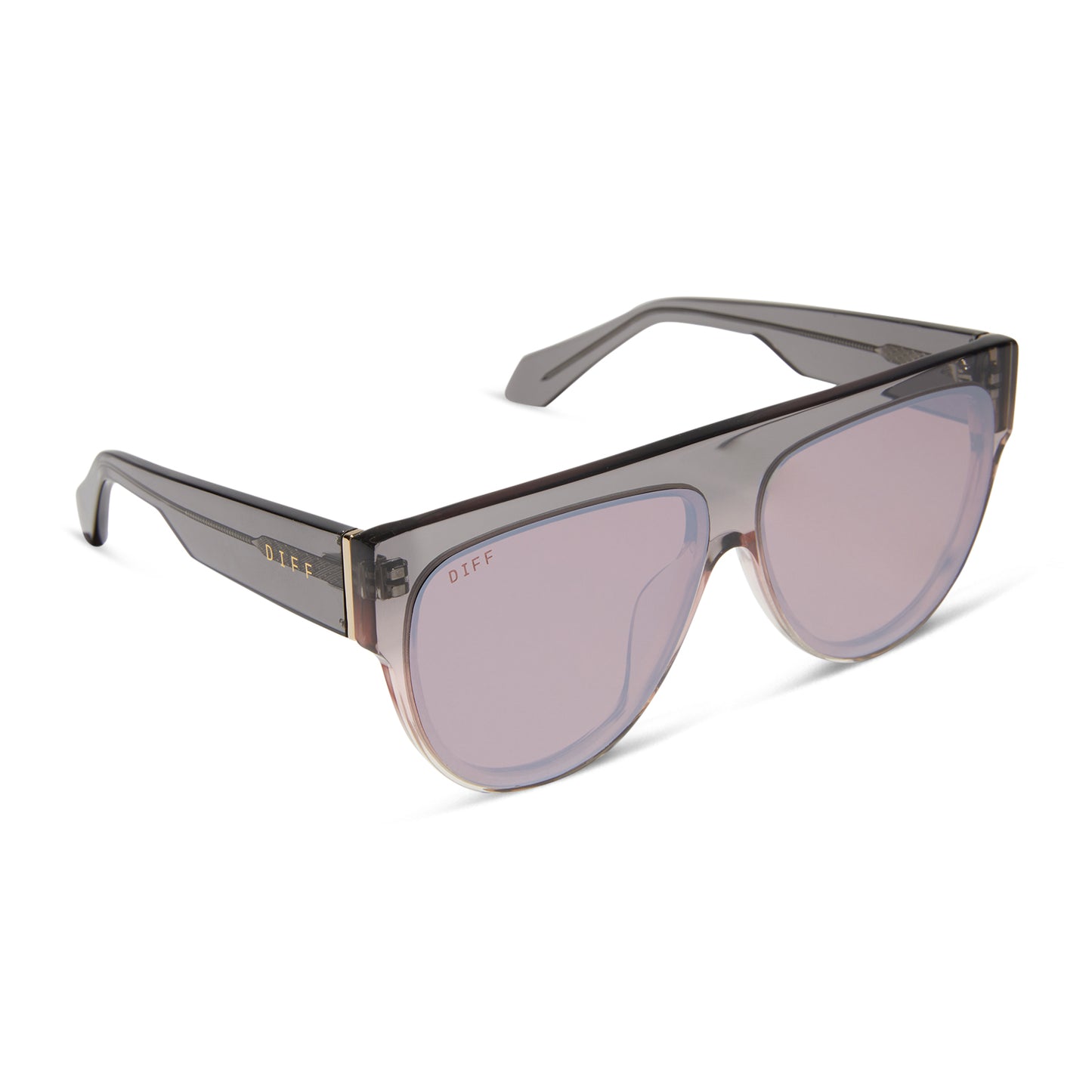 diff eyewear georgie square sunglasses with a black smoke to vintage rose crystal ombre frame and mauve silver flash angled view