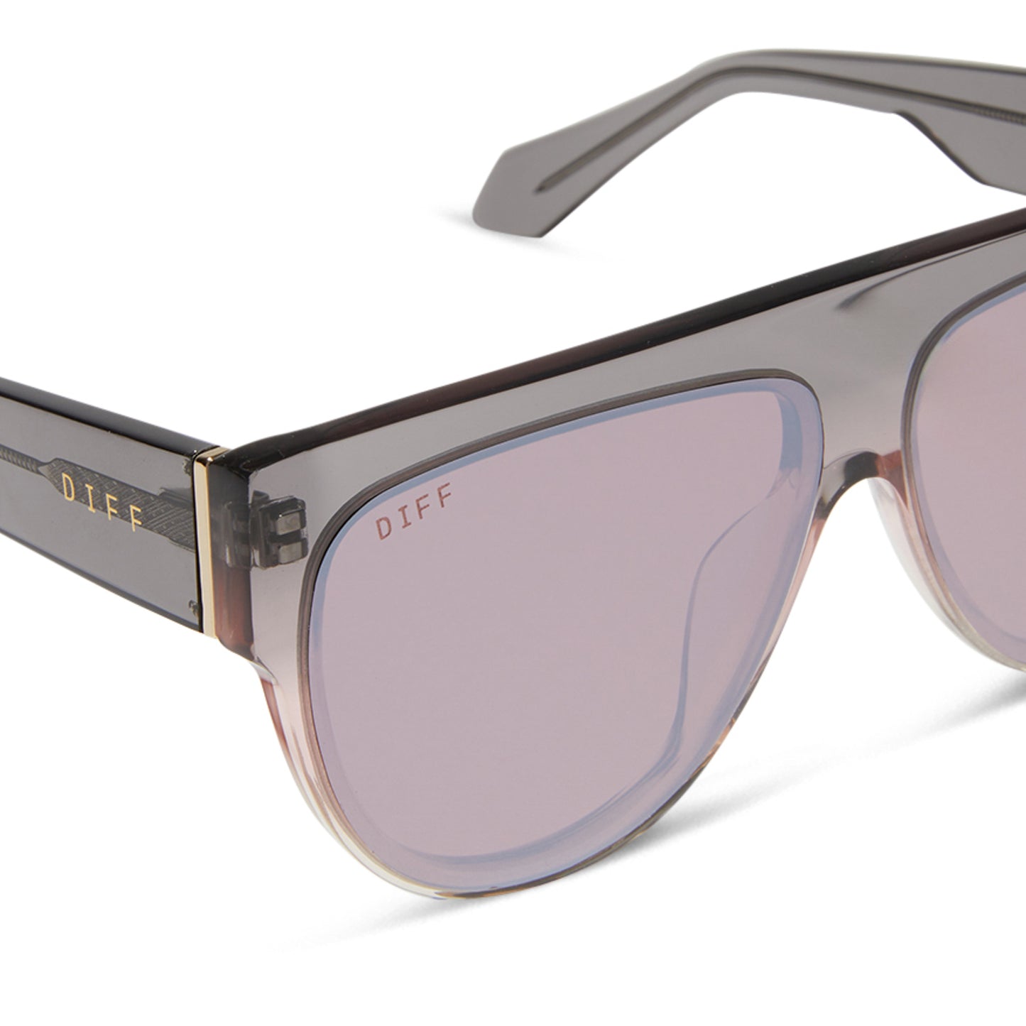 diff eyewear georgie square sunglasses with a black smoke to vintage rose crystal ombre frame and mauve silver flash detailed view