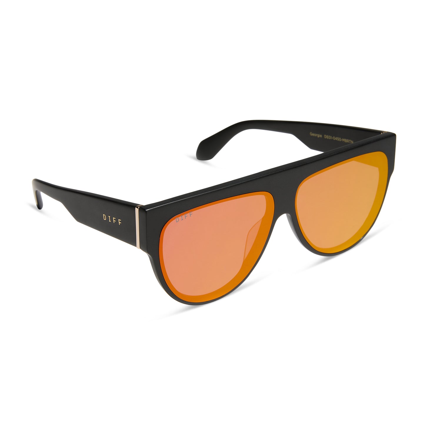 diff eyewear georgie square sunglasses with a matte black frame and red hot summer mirror angled view