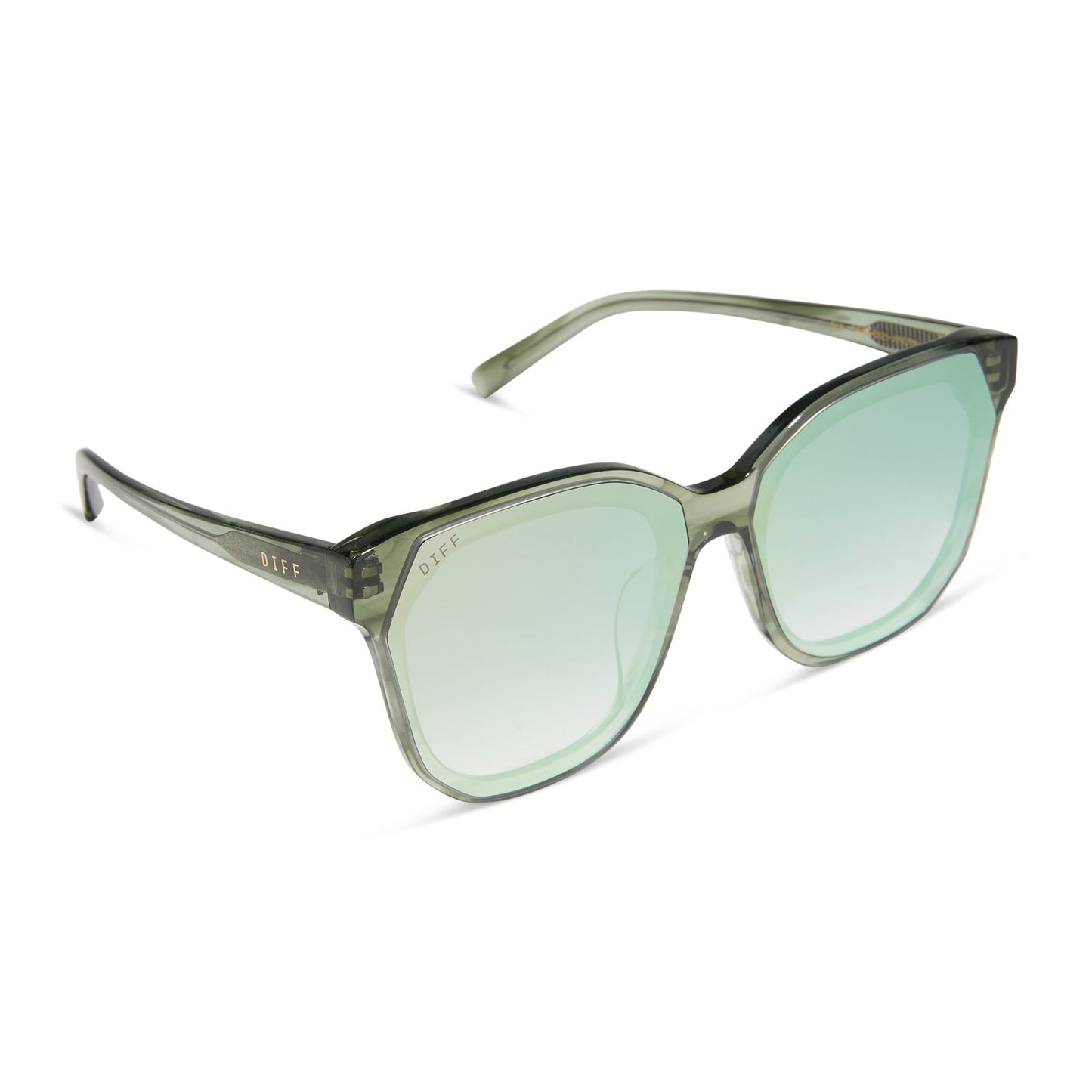 diff eyewear featuring the gia square sunglasses with a cool matcha green frame and cool matcha mirror lenses angled view