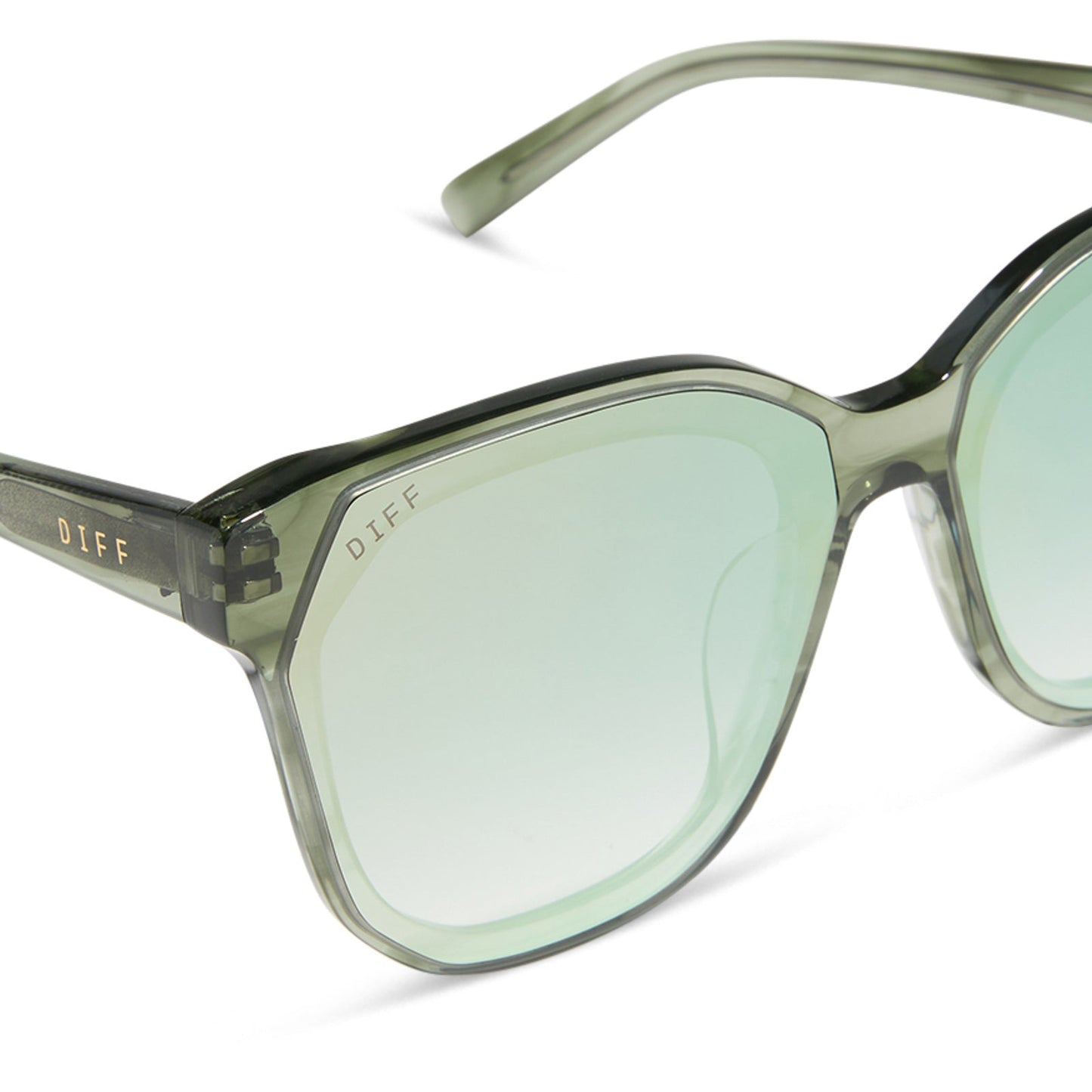 diff eyewear featuring the gia square sunglasses with a cool matcha green frame and cool matcha mirror lenses detailed view