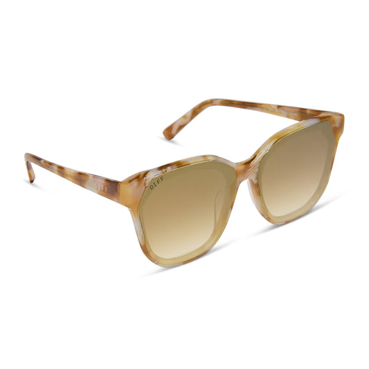 diff eyewear gia square oversized sunglasses with a gilded tortoise acetate frame and brown gradient with light gold flash lenses angled view