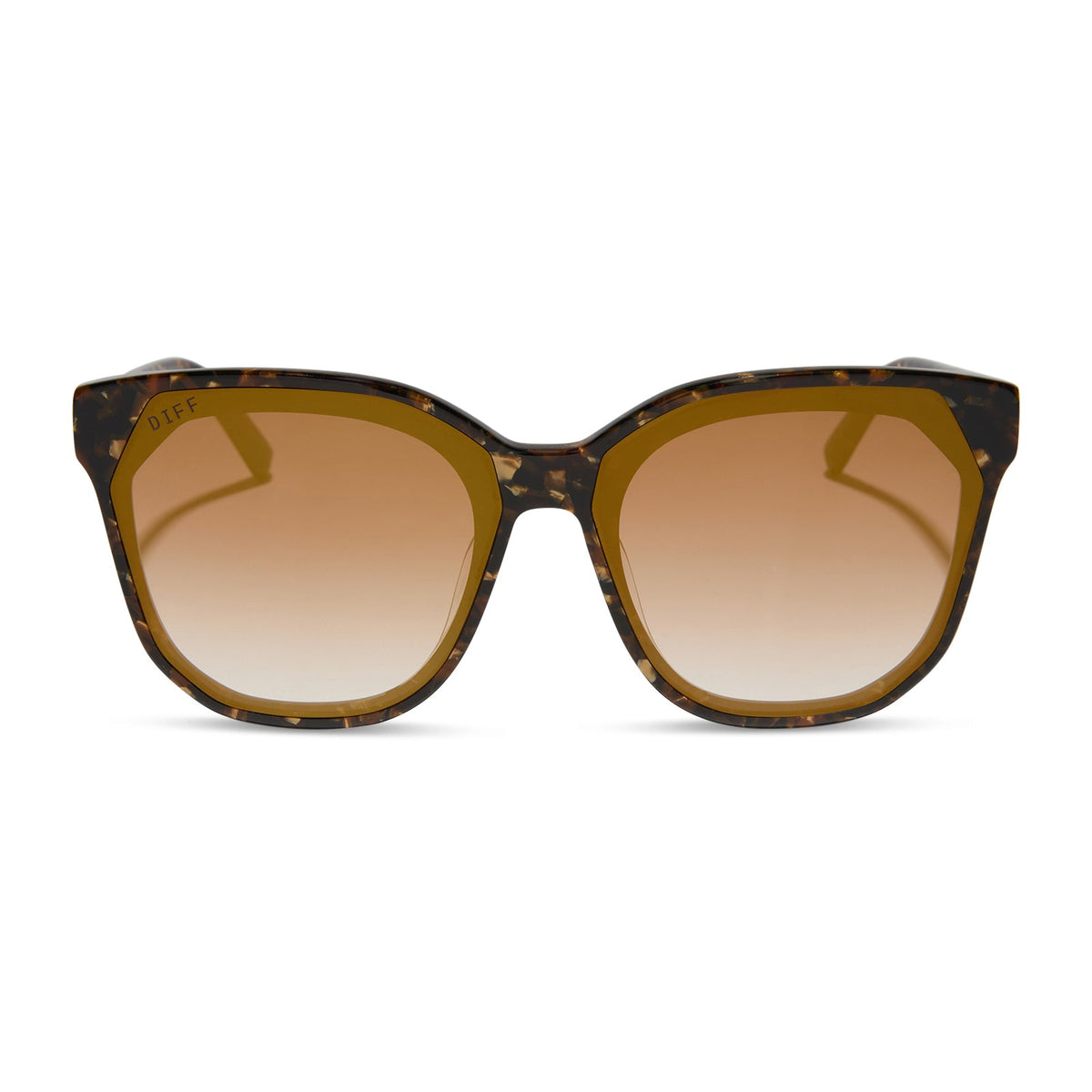diff eyewear featuring the gia square sunglasses with a glitter tortoise frame and brown gradient with gold flash lenses front view