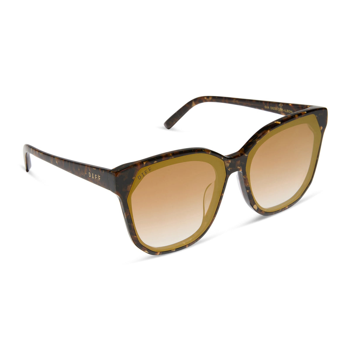 diff eyewear featuring the gia square sunglasses with a glitter tortoise frame and brown gradient with gold flash lenses angled view