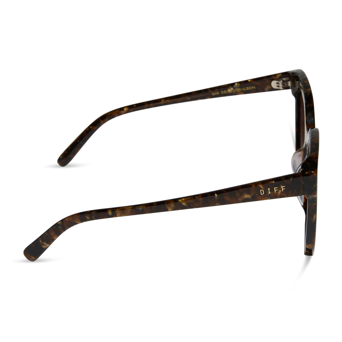 diff eyewear featuring the gia square sunglasses with a glitter tortoise frame and brown gradient with gold flash lenses side view