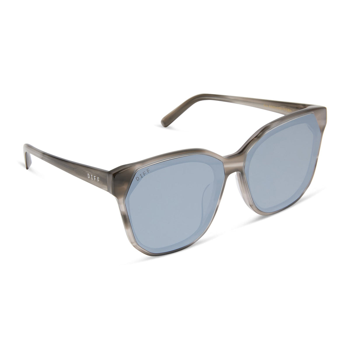 diff eyewear featuring the gia square sunglasses with a smoke marble frame and grey with silver flash lenses angled view