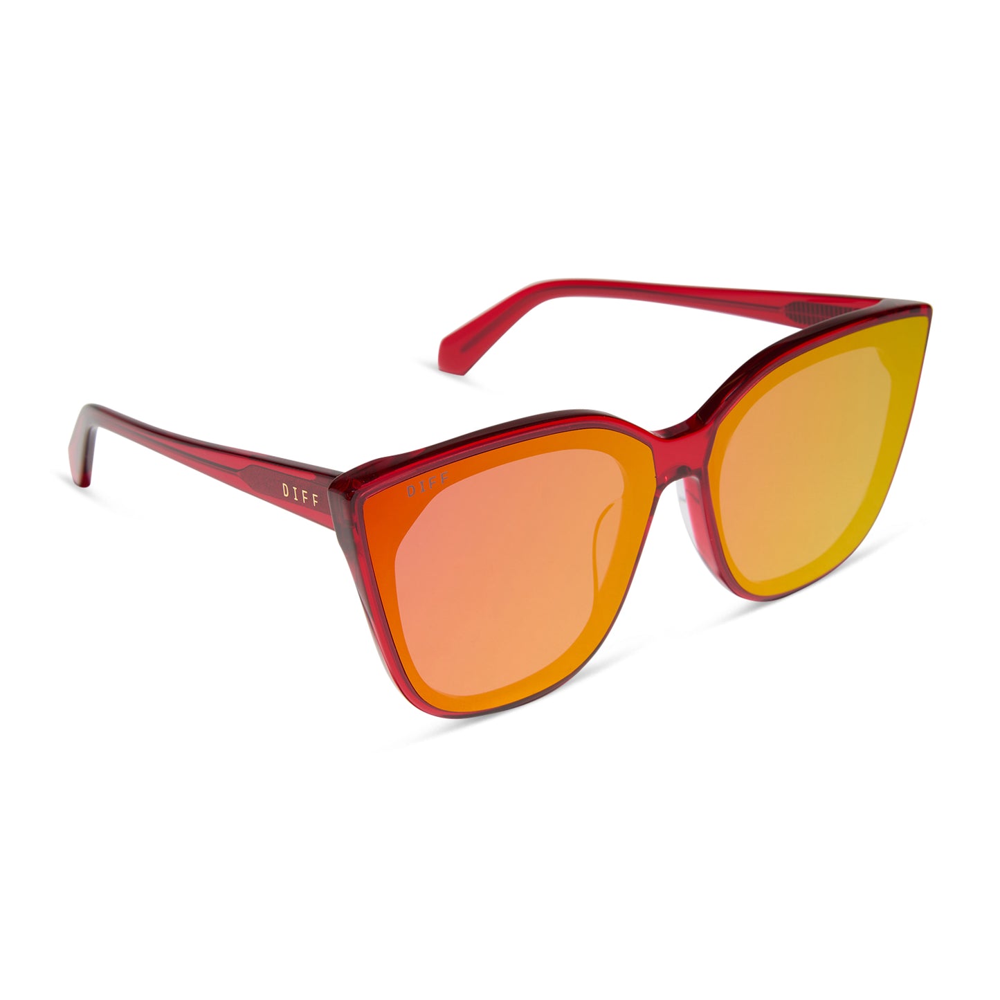 diff eyewear gjelina cat eye sunglasses with a red hot summer frame and red hot summer mirror lenses angled view