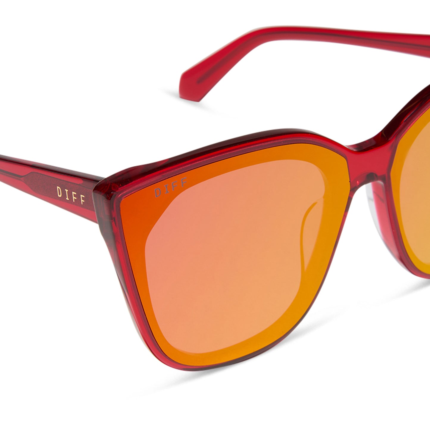 diff eyewear gjelina cat eye sunglasses with a red hot summer frame and red hot summer mirror lenses detailed view
