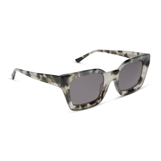 diff eyewear featuring the greer square sunglasses with a kombu frame and grey lenses angled view