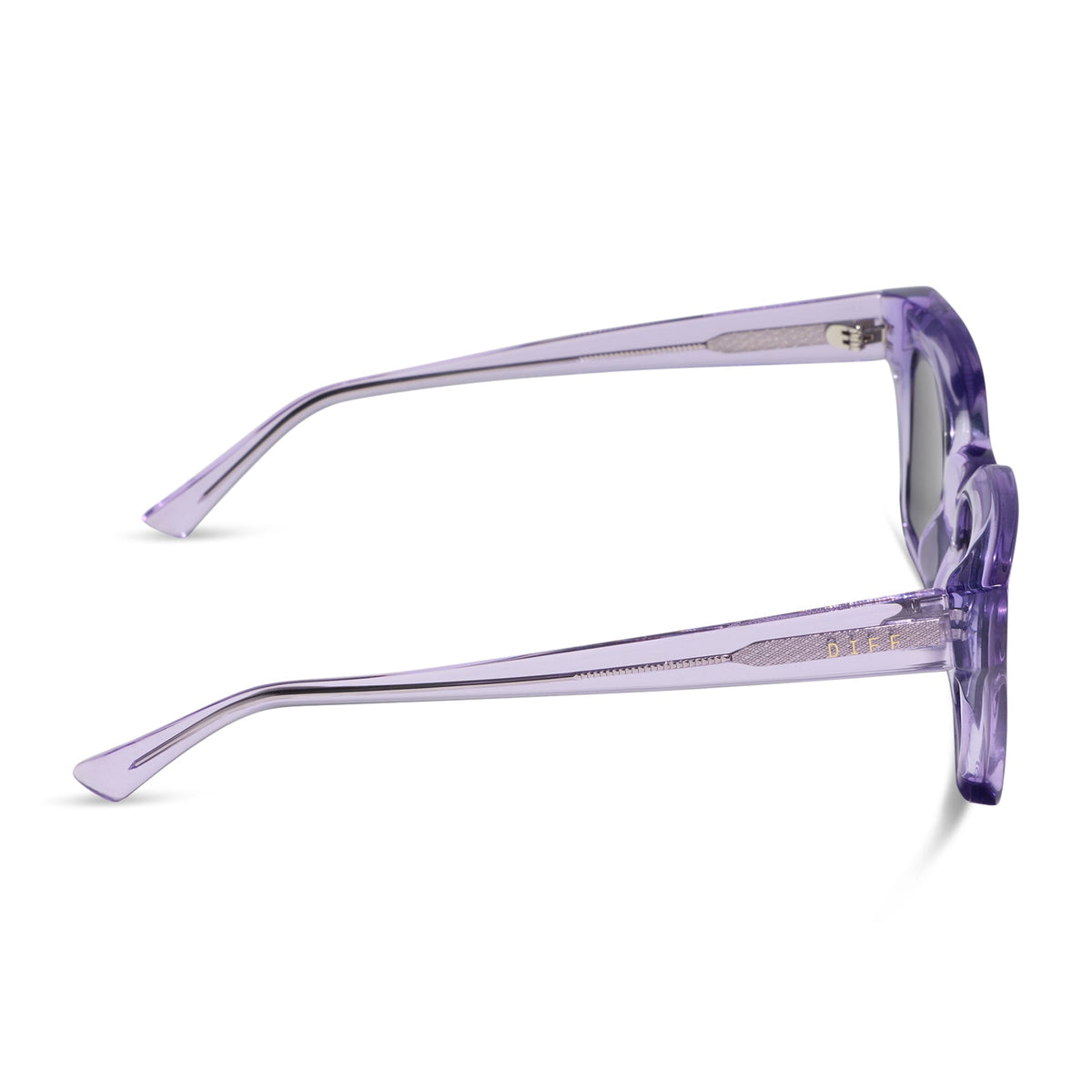 diff eyewear greer square sunglasses with a lilac crystal purple acetate frame and grey polarized lenses side view