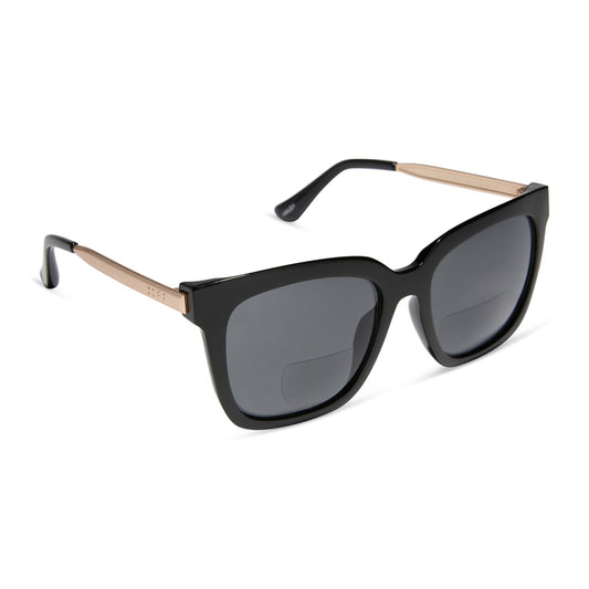 diff eyewear hailey square oversized sunglasses readers with a black frame and grey lenses angled view
