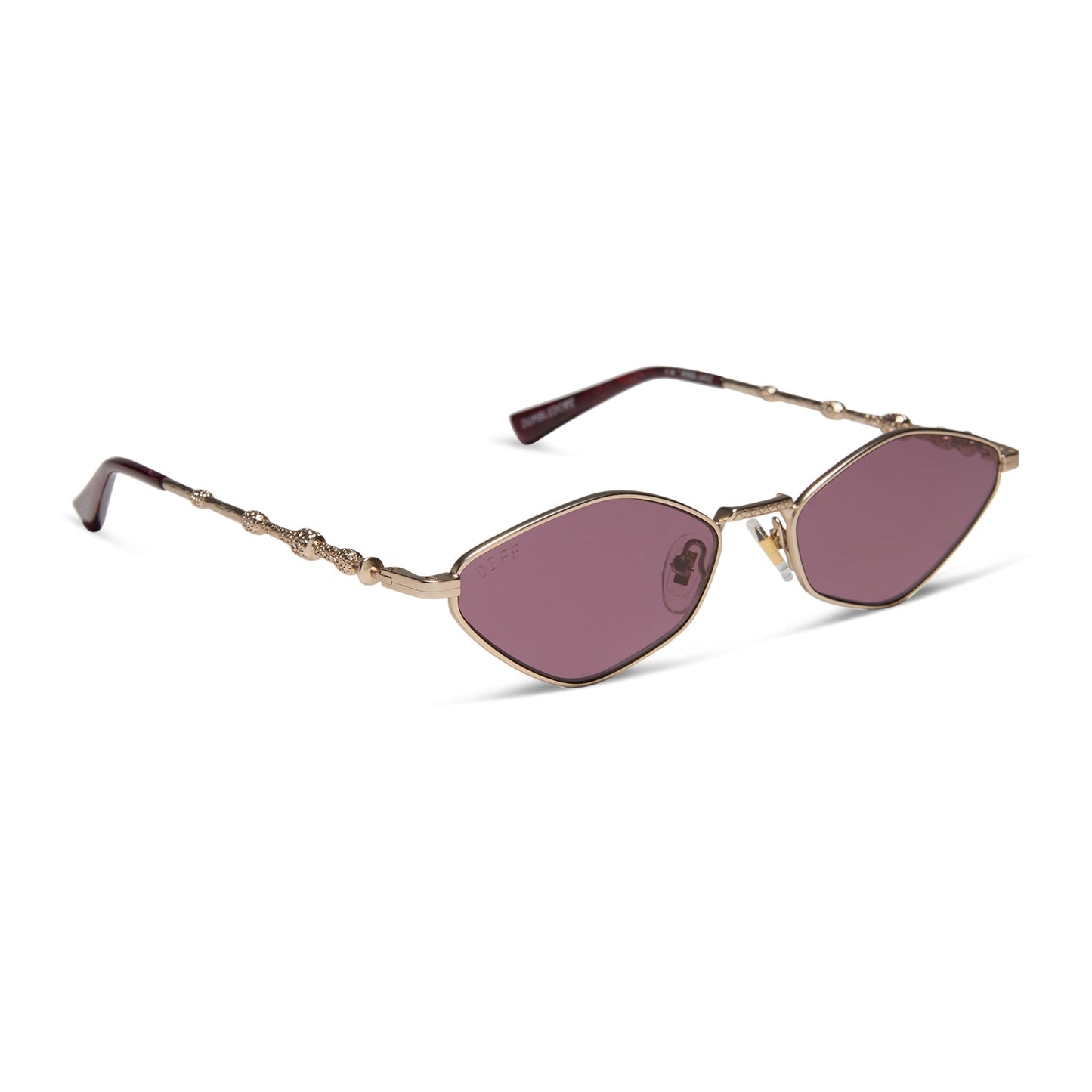 harry potter x diff eyewear featuring professor dumbledore sunglasses with a gold frame and aubergine lenses angled view