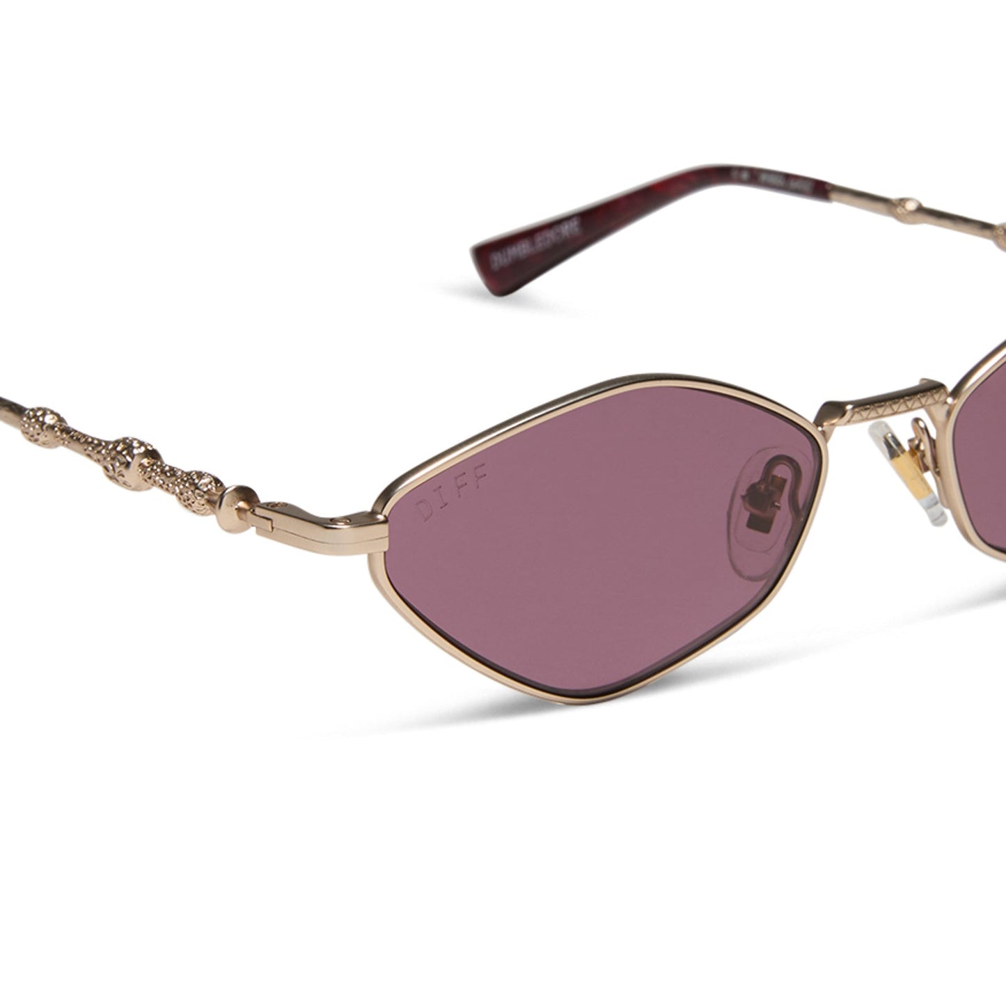 harry potter x diff eyewear featuring professor dumbledore sunglasses with a gold frame and aubergine lenses detail view
