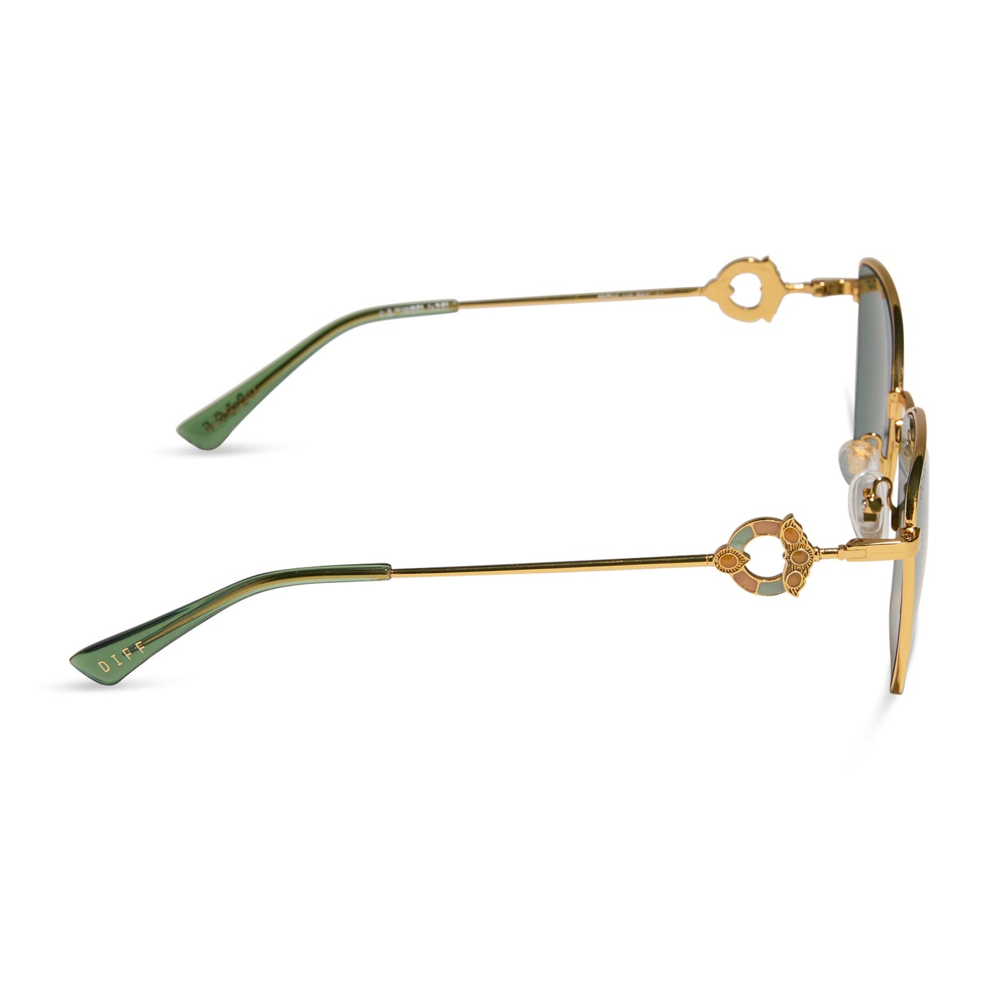 harry potter x diff eyewear featuring professor mcgonagall cat eye sunglasses with a gold frame and g15 lenses side view
