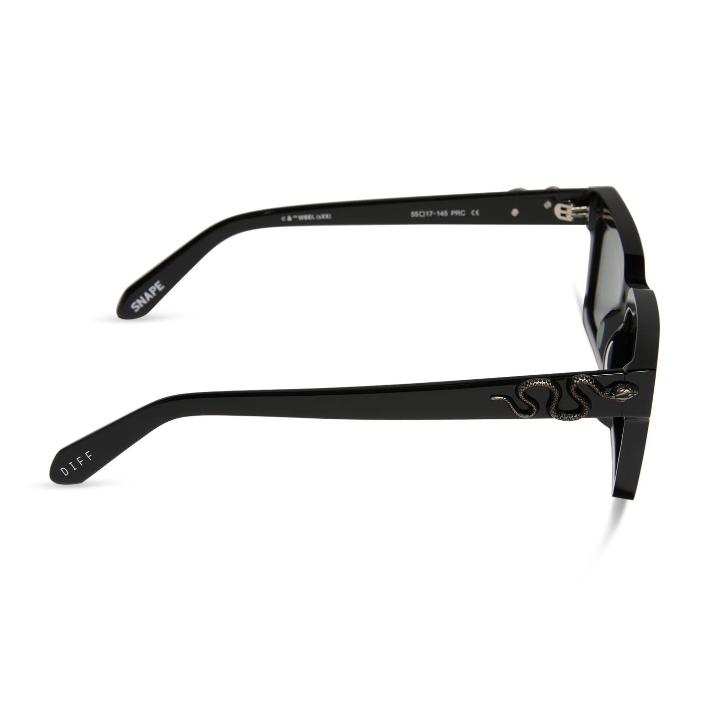 harry potter x diff eyewear featuring professor snape 2.0 square sunglasses with a black frame and g15 lenses side view