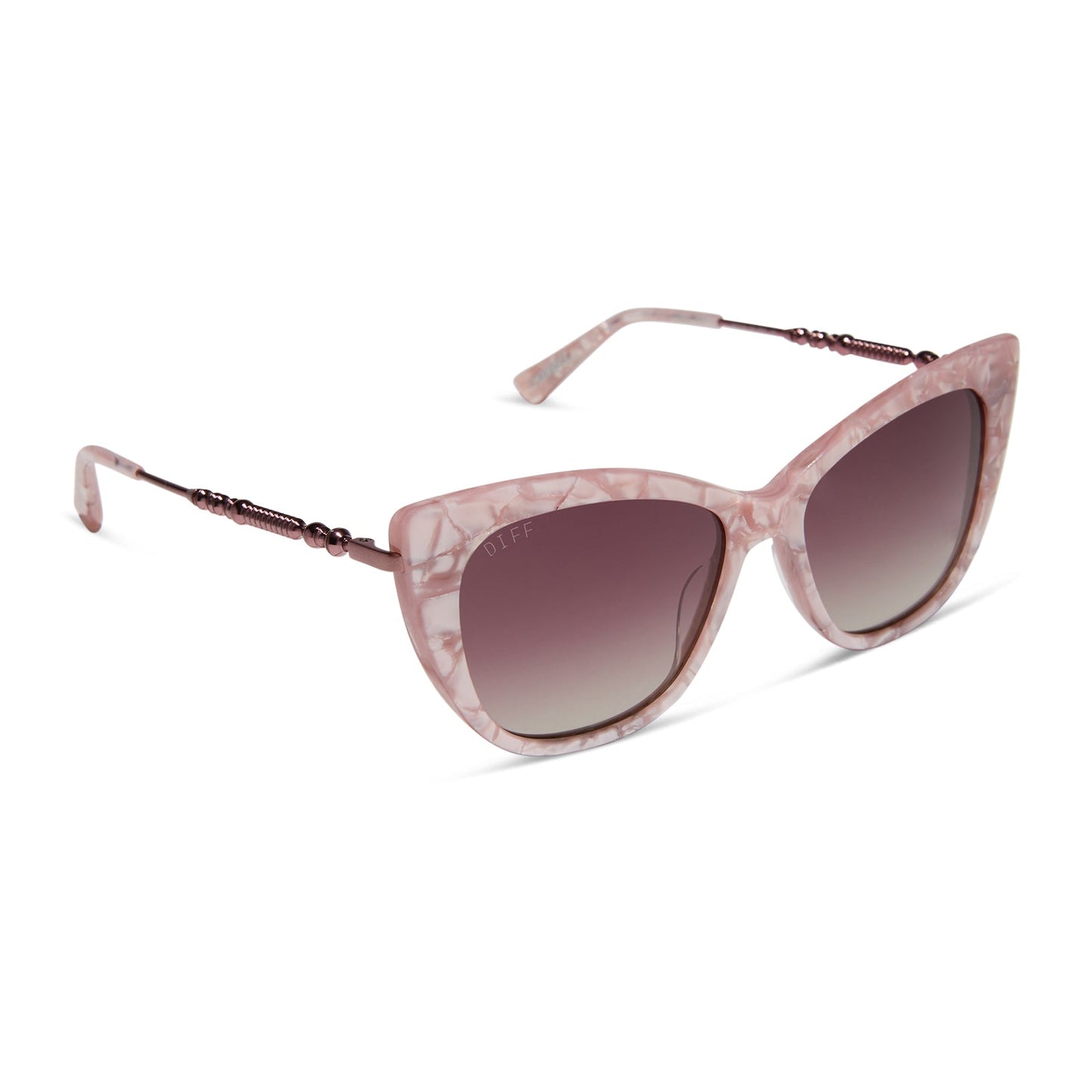 harry potter x diff eyewear featuring professor umbridge cat eye sunglasses with a pink mother of pearl frame and wine gradient lenses angled view