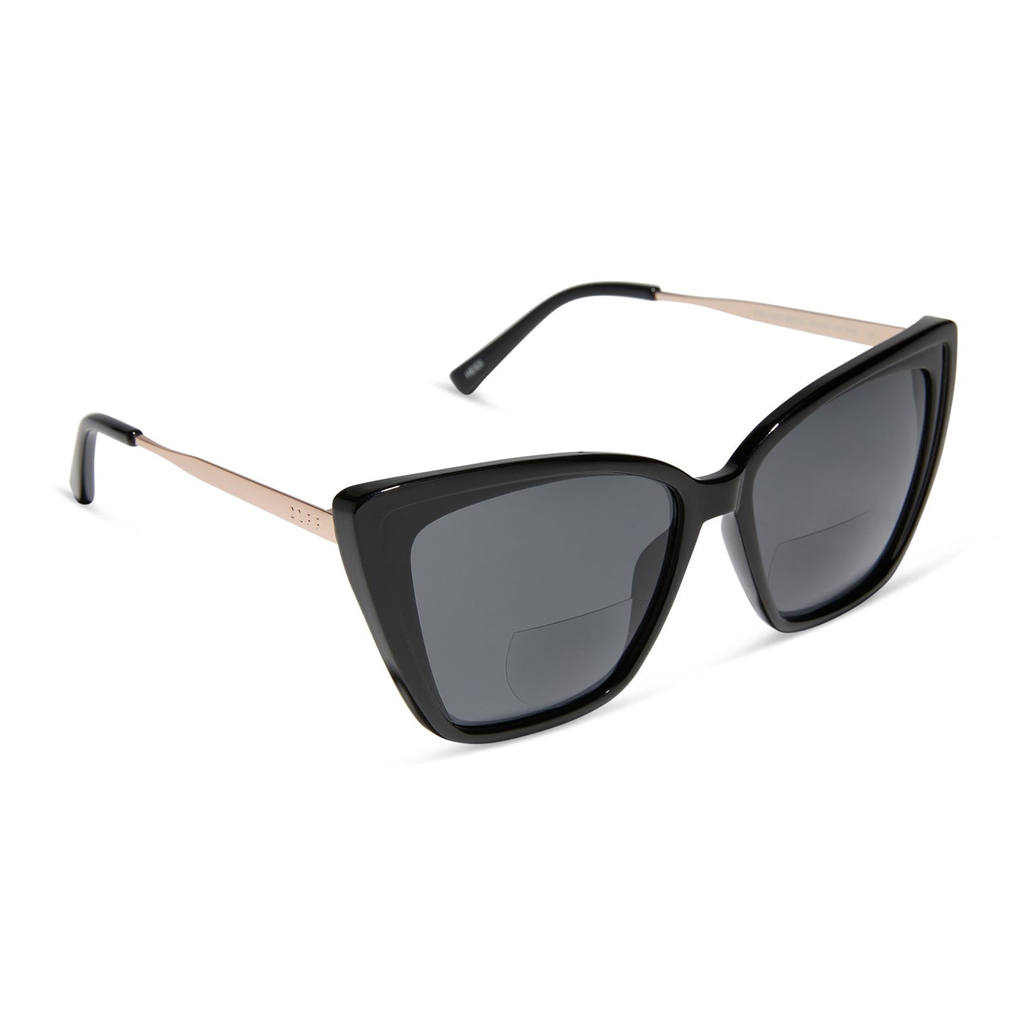 diff eyewear heidi cat eye oversized sunglasses readers with a black frame and grey lenses angled view