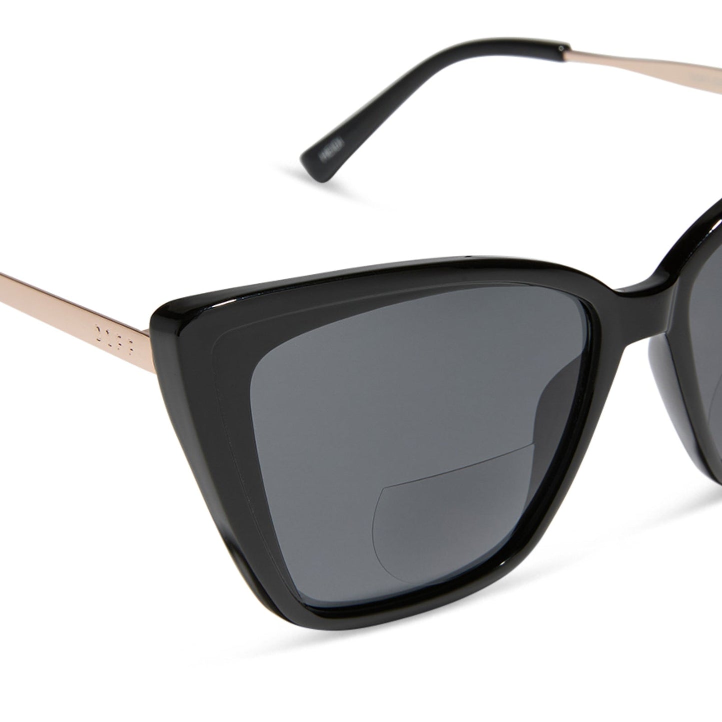 diff eyewear heidi cat eye oversized sunglasses readers with a black frame and grey lenses detailed view