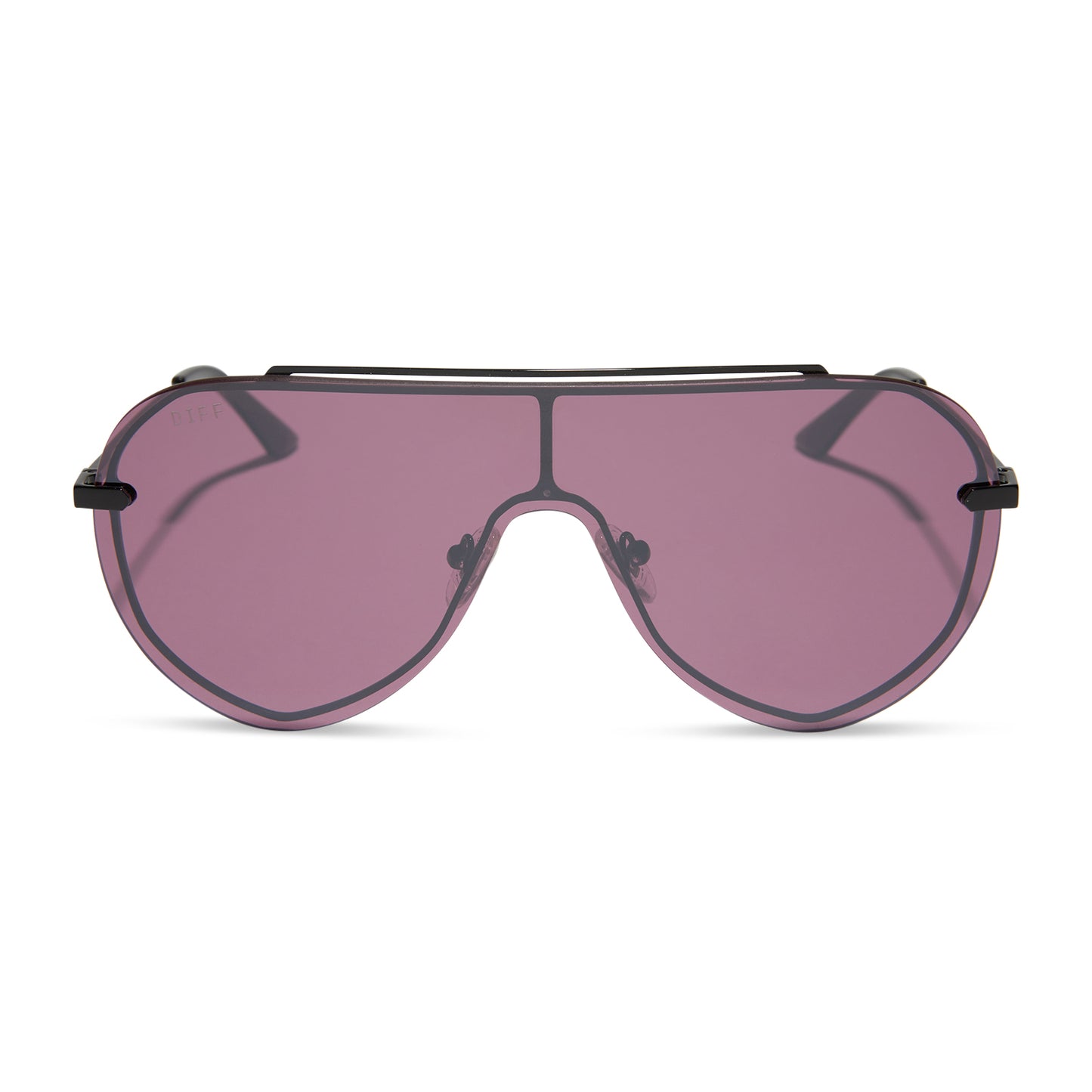 diff eyewear featuring the imani shield sunglasses with a black frame and aubergine with silver flash lenses front view
