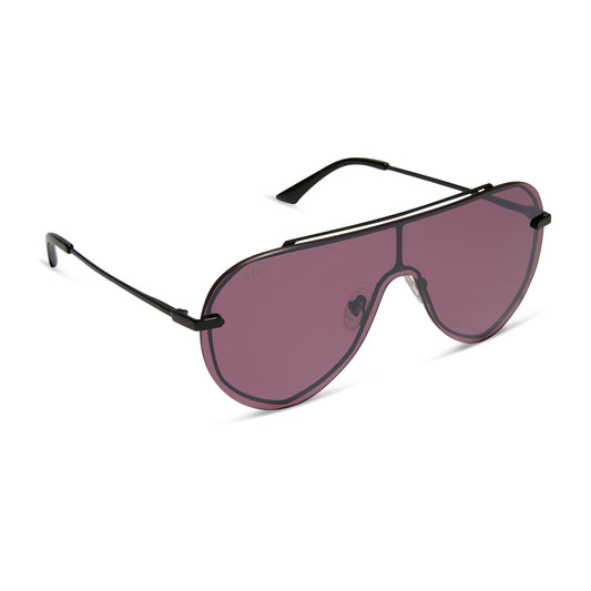 diff eyewear featuring the imani shield sunglasses with a black frame and aubergine with silver flash lenses angled view