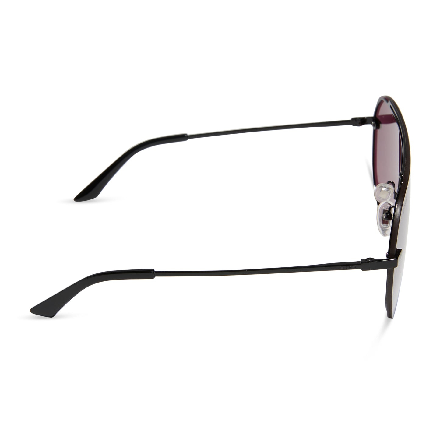 diff eyewear featuring the imani shield sunglasses with a black frame and aubergine with silver flash lenses side view