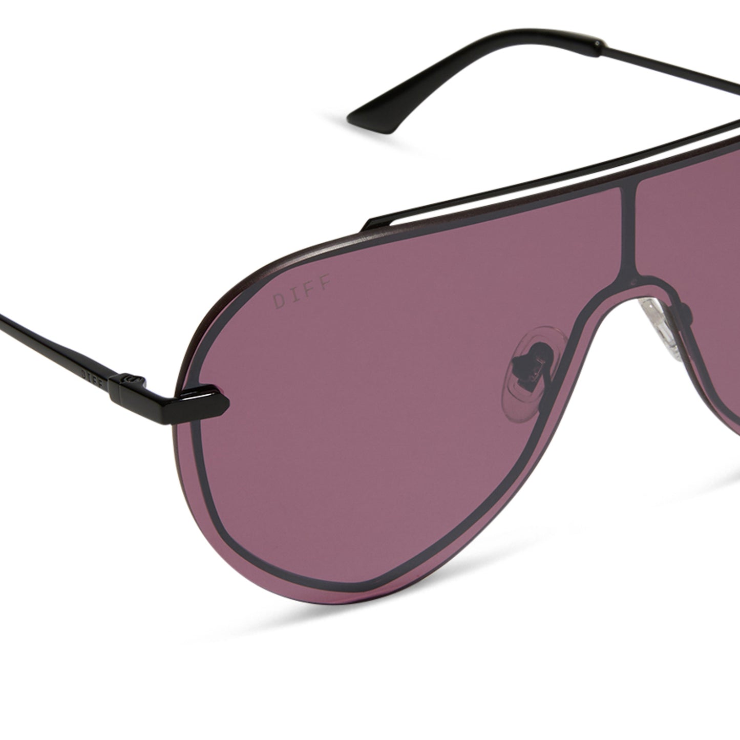 diff eyewear featuring the imani shield sunglasses with a black frame and aubergine with silver flash lenses detailed view
