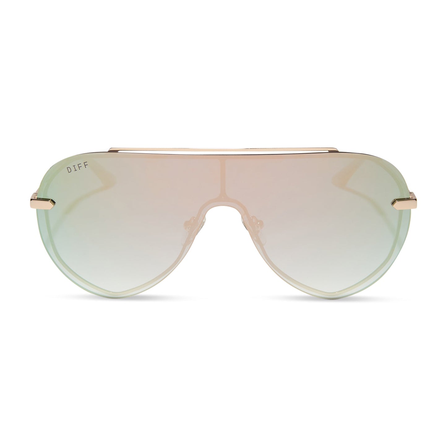 diff eyewear featuring the imani shield sunglasses with a gold frame and cool matcha green mirror lenses front view