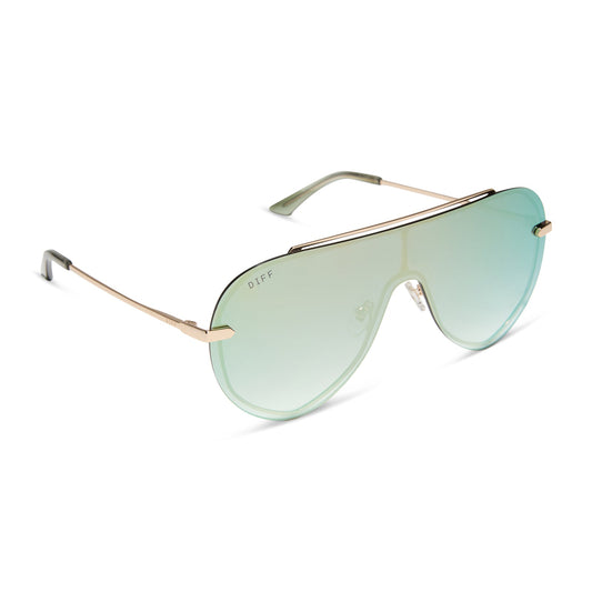 diff eyewear featuring the imani shield sunglasses with a gold frame and cool matcha green mirror lenses angled view